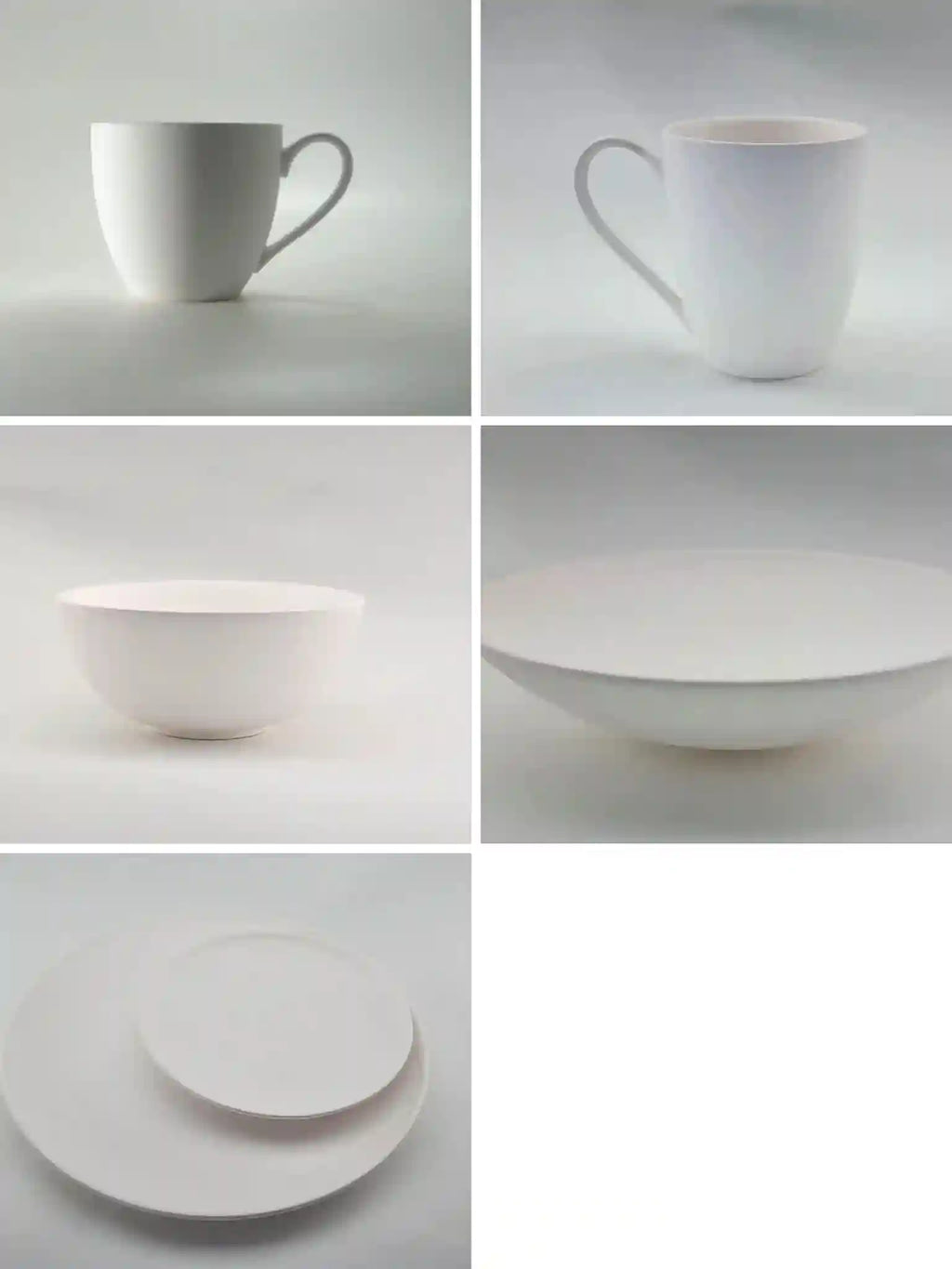 Collage van witte keramiek te beschilderen tijdens workshop — mokken, kom en bord als blanco ondergrond — Iris Floor Ceramics